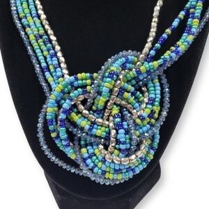 Multistrand Celtic Knot Necklace Blue Green Silver Tone Beaded Statement 20"